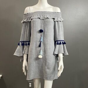Boston Proper Off-Shoulder Blue-Gray Rayon/Linen Dress with Tassels Size XS